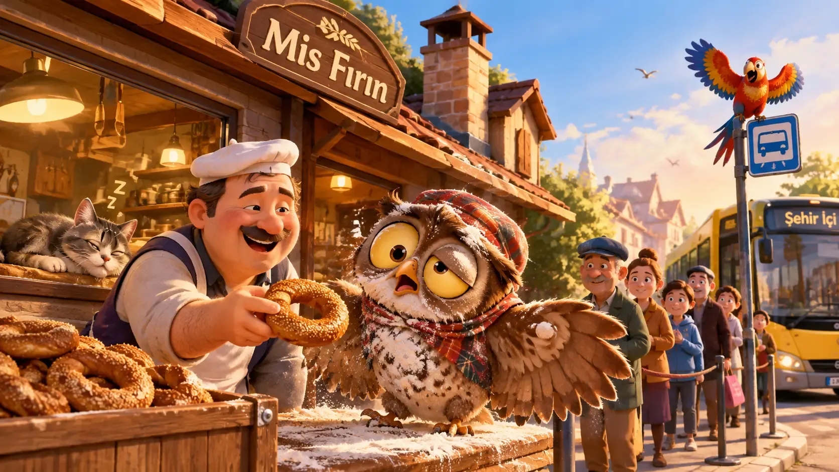 Fırıncı Mehmet Usta baykuş Şükrüye simit uzatıyor