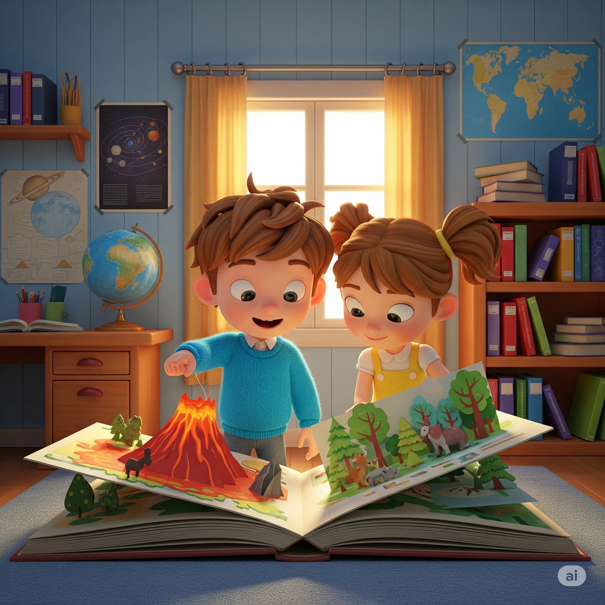 İki çocuk eğitim uyumlu kitap inceliyor